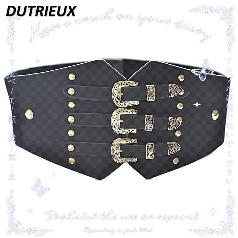 Japanese Harajuku Gothic Style Punk Wide Waist Seal Vintage Pattern All-Match Y2k Rivet Strap Sweet Corset Belt for Women