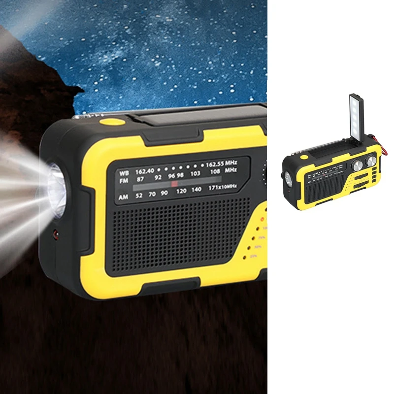 USB tangan engkol darurat Radio Solar pengisian Radio membaca lampu kuning 4000Mah 3.5Mm Headphone Jack untuk luar ruangan Backpacking