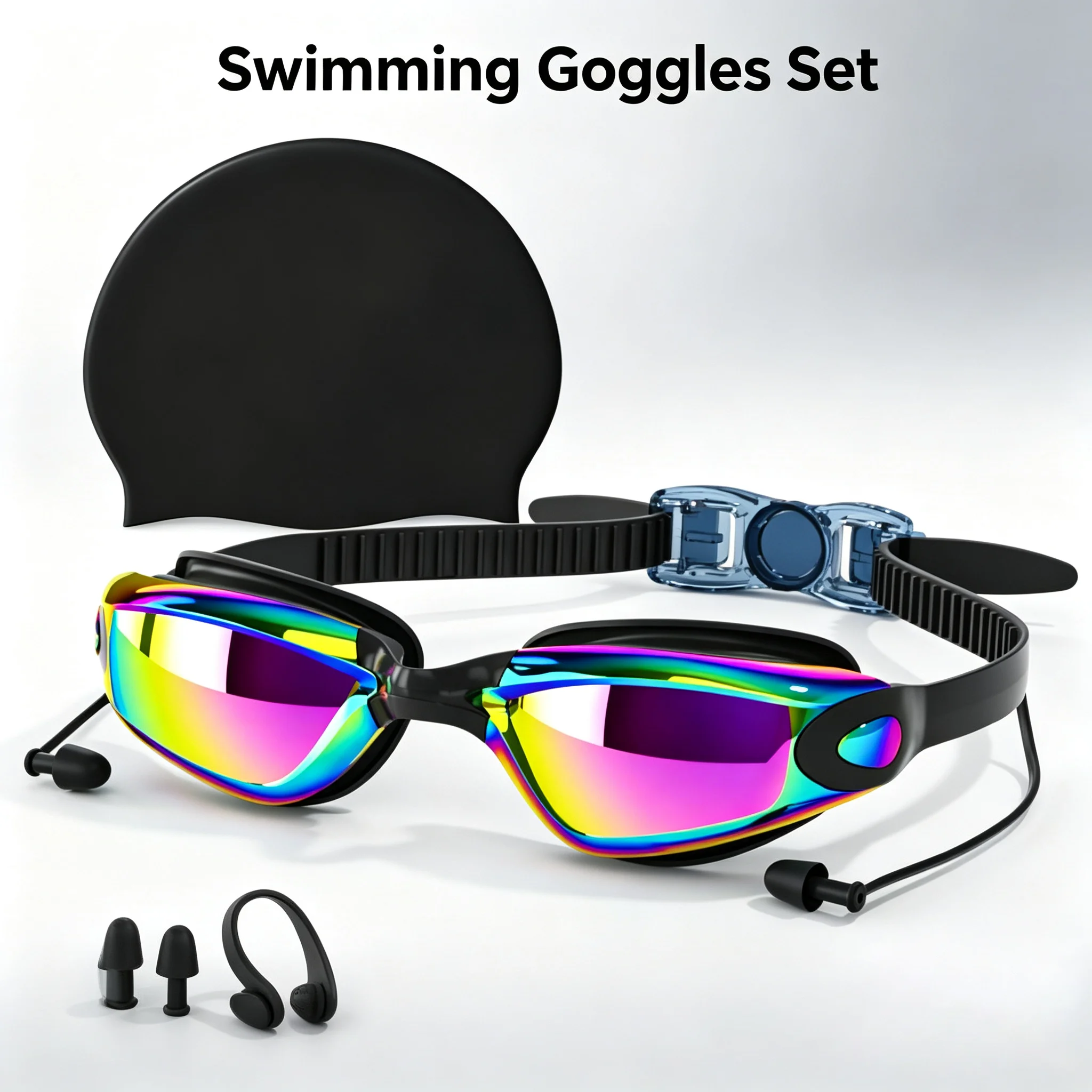 Swimming Goggles Set 170° Wide View Anti-Fog UV Protection Leak-Proof Swim Glasses Earplugs Nose Clip Adult Pool Open Water