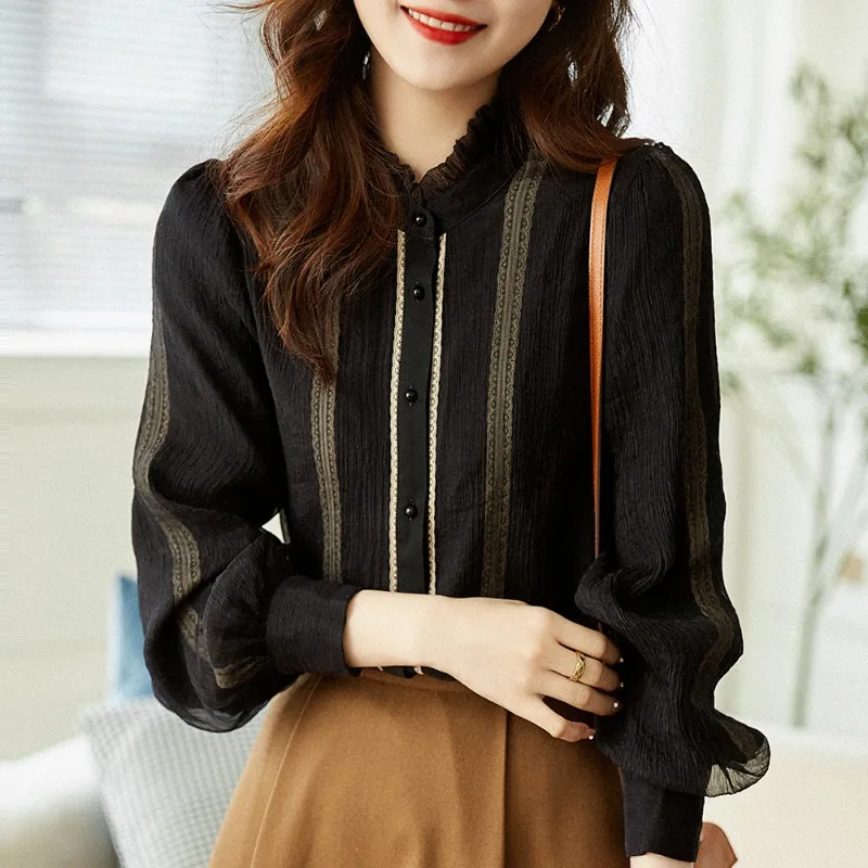 Autumn Clothes Standing Collar Patchwork Lace Button Blouse Gauze Single Breasted Fashion Casual Lantern Long Sleeve Women Shirt