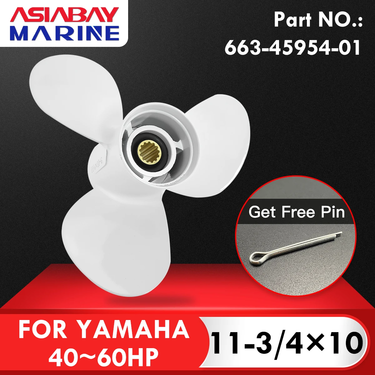 For Yamaha Outboard Propeller 11-3/4 x 10 , 40 50 60 HP , 3 Blade ,13 Spline , RH , White Aluminum Alloy Screw  663-45954-01