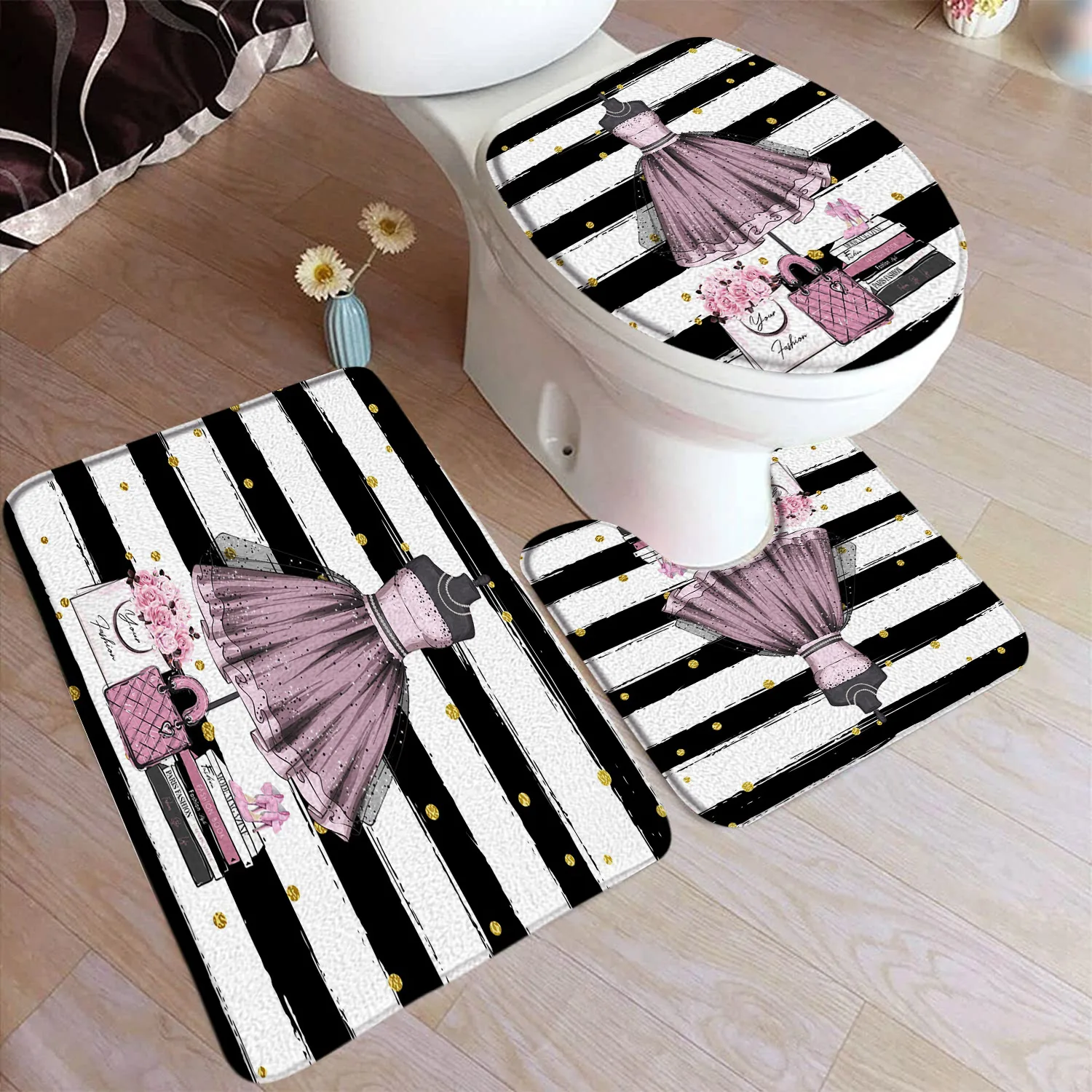 Pink High Heeled Perfumed Bath Mat Set Fashion Lipstick Floral Black White Striped Home Carpet Bathroom Decor Rugs Toilet Cover