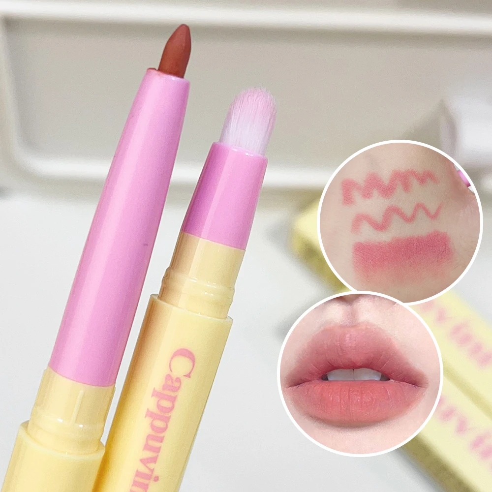 Delineador de labios 2 en 1 con pincel, lápiz labial Nude mate suave, duradero, resistente al agua, tinte de labios rosa, maquillaje nutritivo, cosméticos