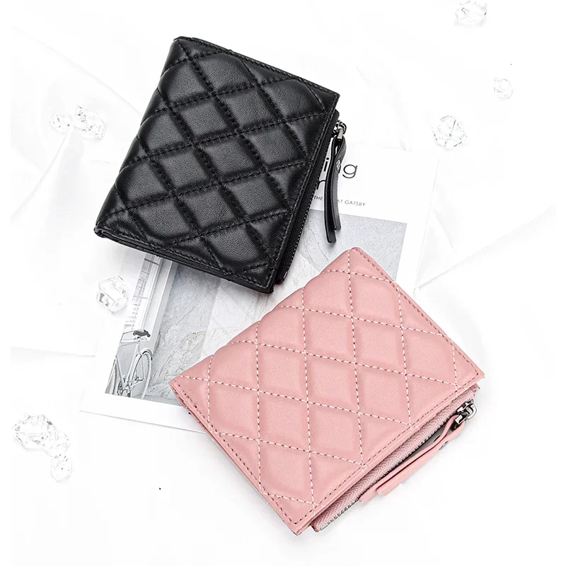 2022 New Luxury Brand Leather Short Wallet Women's 100% Sheepskin Half Fold Wallet Vertical Rhombus Zipper Zero Wallet Purses