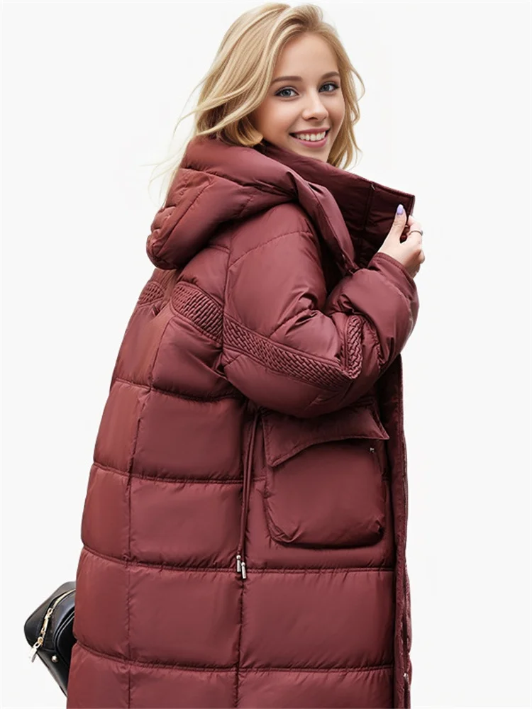 Oversize Woman Down Jacket Winter Long Coat 2024 New Hooded Big Pockets Thick Zipper Coat Woman Winter Overcoat