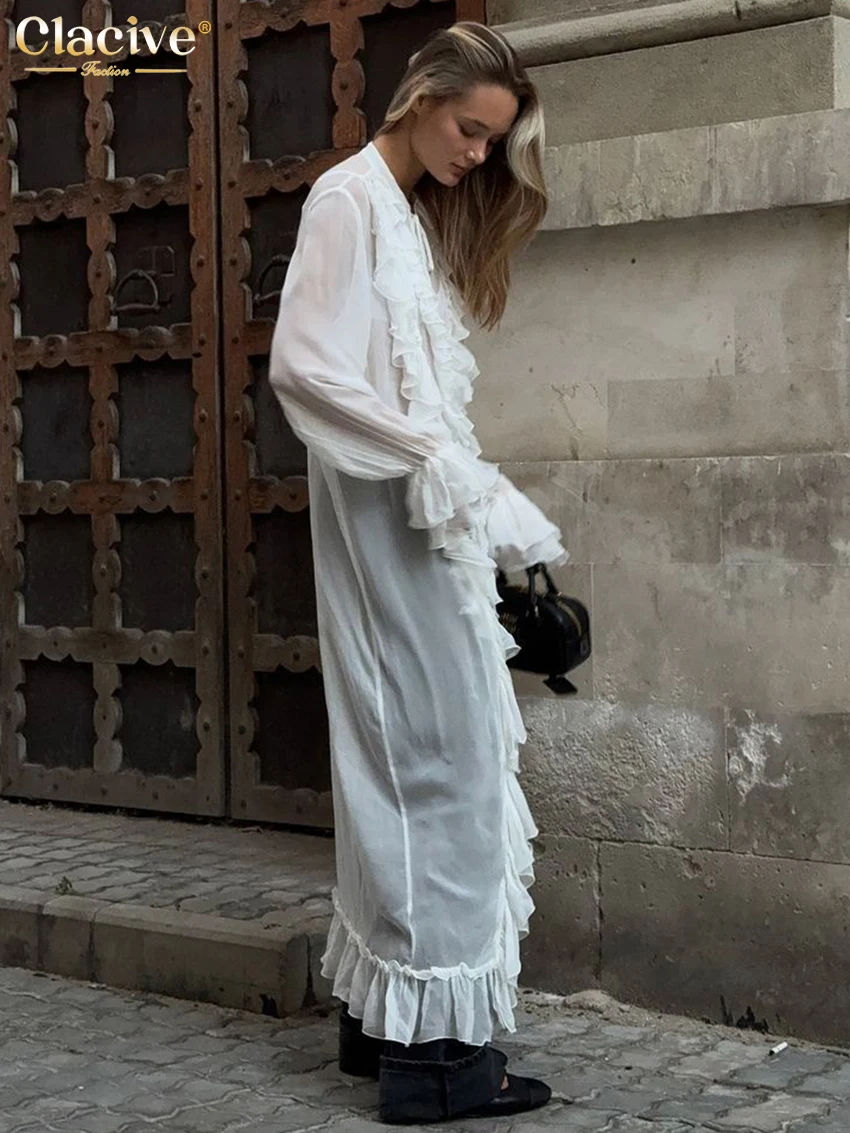 Clacive Sexy Loose White Women's Dress Fashion O-Neck Long Sleeve Ankle Length Dresses Elegant See Through Ruffle Female Dress