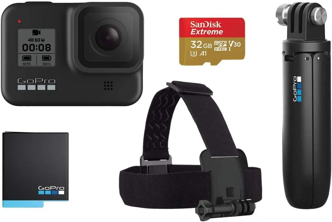 8 Black Retail Bundle - Includes  8 Black Camera Plus Shorty, Head Strap, 32GB SD Card, and 2 Rechargeable