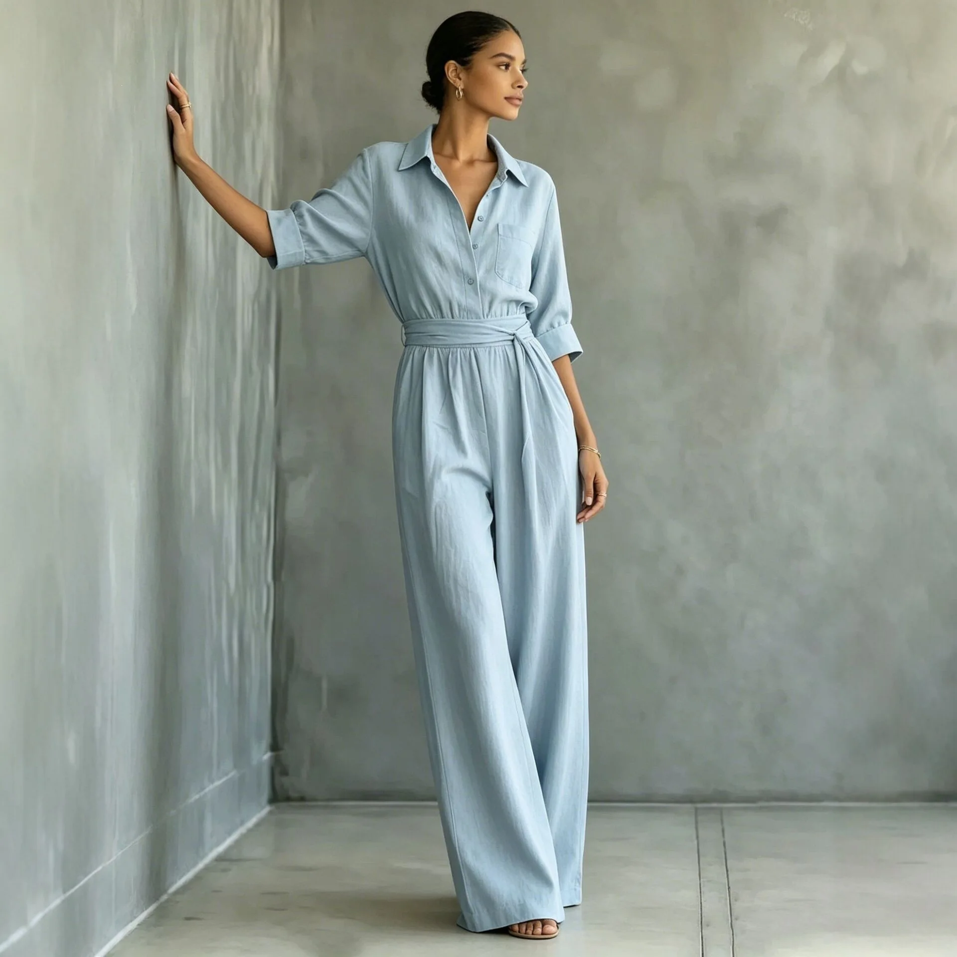 Casual Loose Wide Leg Jumpsuit Women Fashion Solid Lapel Collar Lace Up Romper Offuce Elegant Shirts One Pieces Sets With Pocket