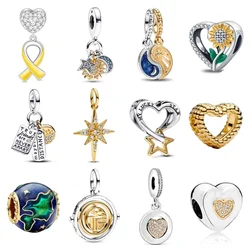 2024 New Hot Sale 925 Sterling Silver Sunflower Beads Two tone Heart Pendant Charms Fit Original Bracelet DIY Jewelry Gift Women