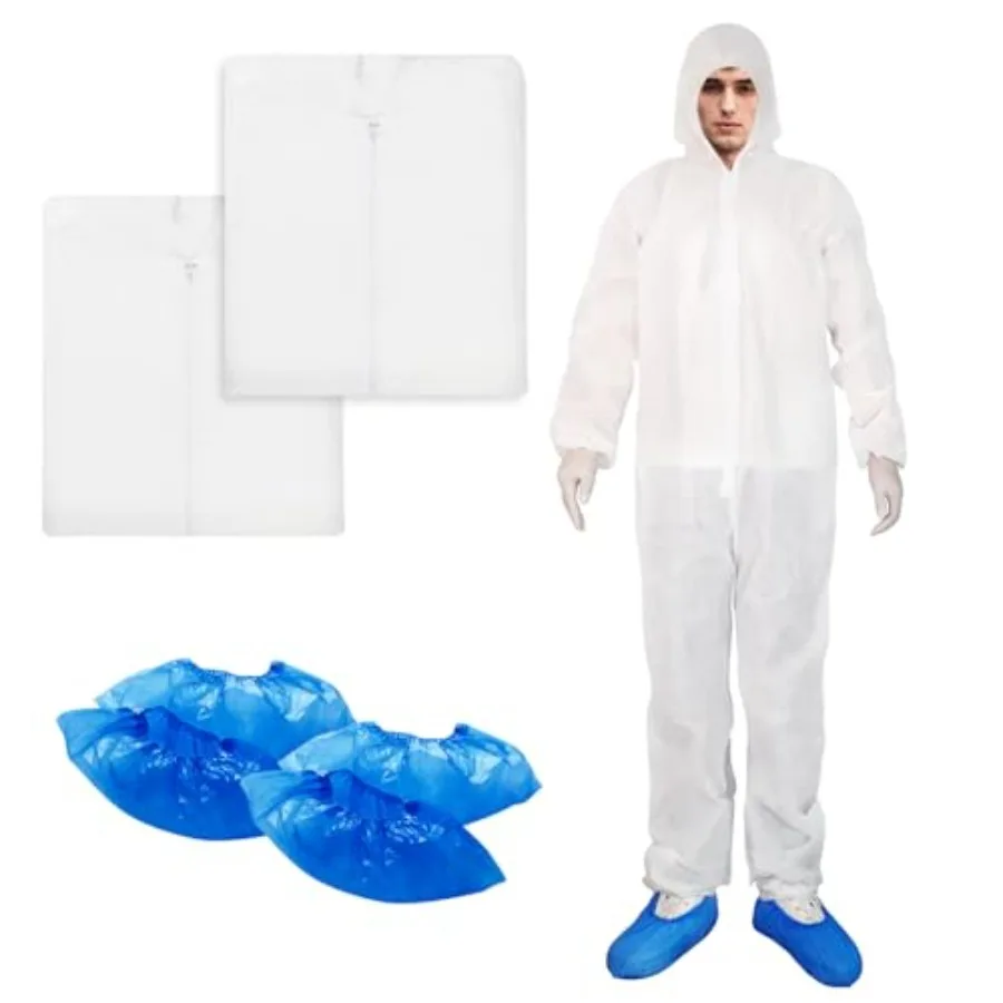 

Hazmat Suits- 2 Pack Disposable Protective Coveralls with Hood, Zipper, Elastic Wrists, Shoe Covers for Men and Women, Shield f
