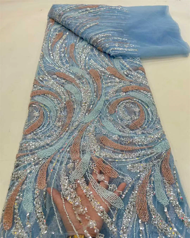

African Beaded Lace Fabric 2026 High Quality French Sequins Lace Fabric Wedding Nigerian Lace Fabrics Sewing 5 Yards