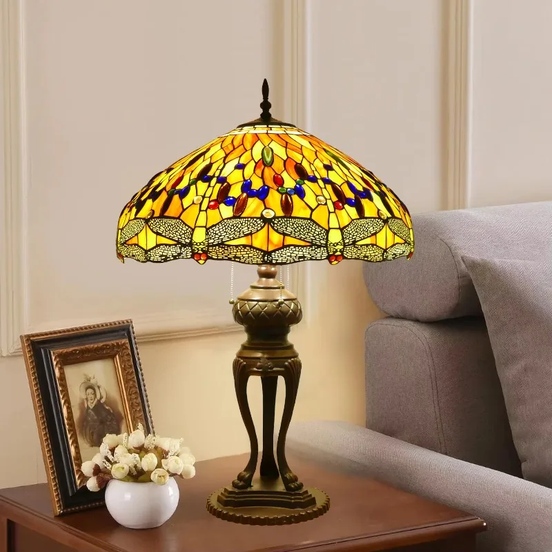 

Villa living room bedroom dragonfly table lamp antique high quality stained glass learning lamp