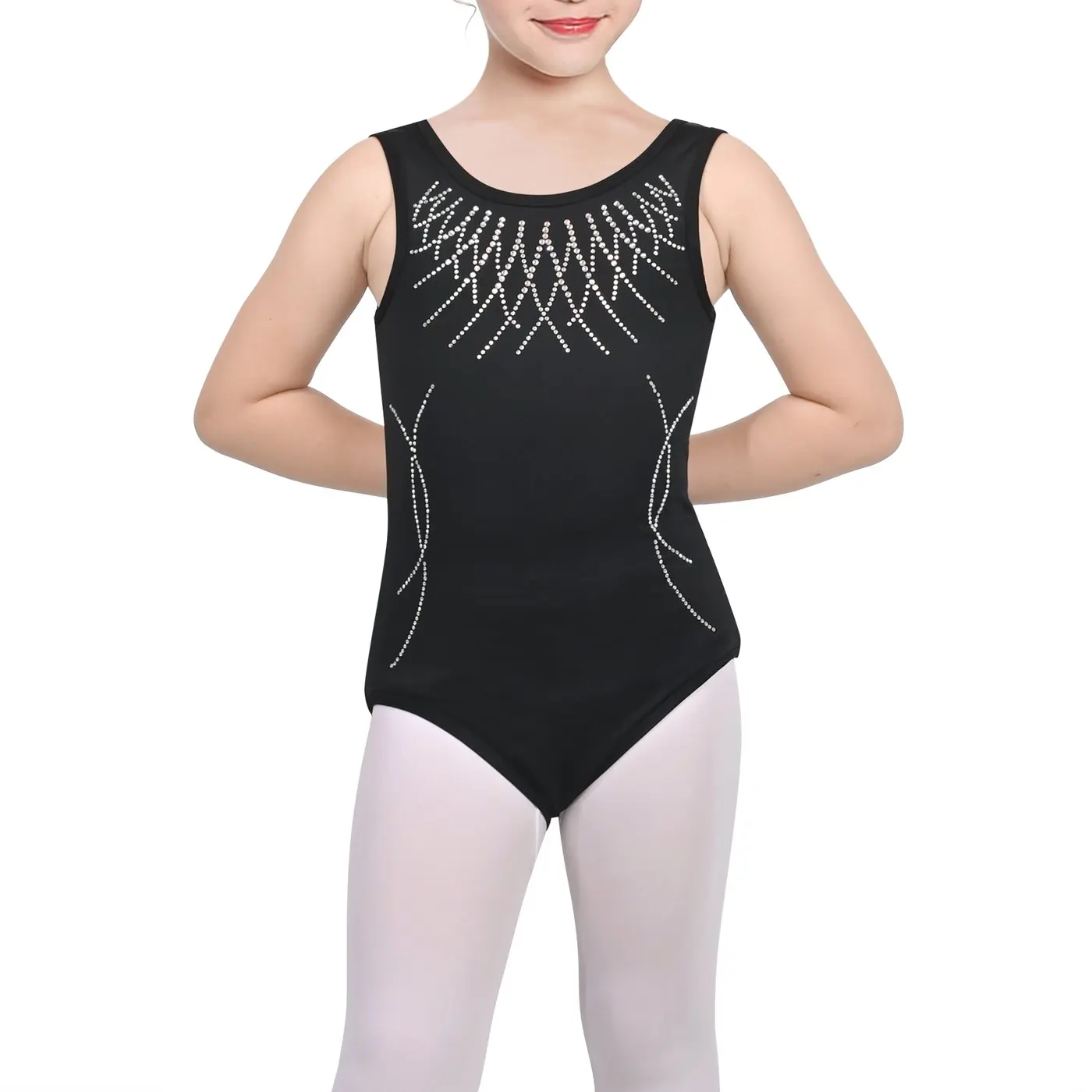 Girls Black Sparkle Rhinestone Metallic Bodysuit Leotard Ballet Yoga Gym