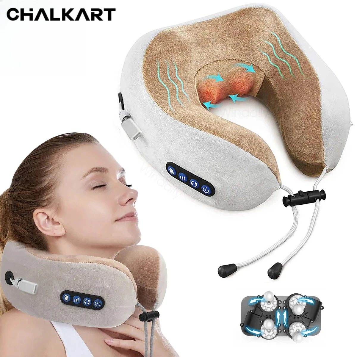 

Rechargeable U-Shape Neck Massager Pillow with Heat Vibration Portable Electric Kneading Shiatsu for Shoulder Back Pain Relief