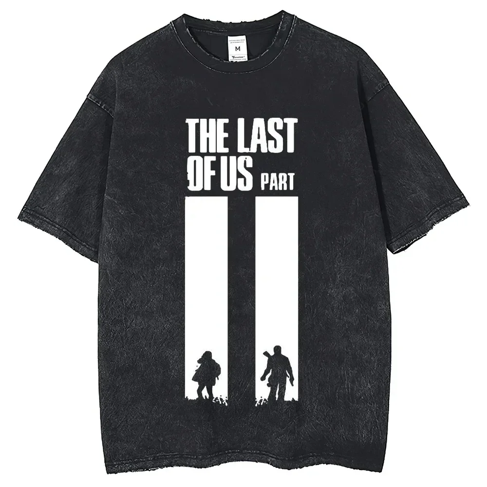 Harajuku Punk 250G cotton T-shirt Retro The Last of Us pattern printed T-shirt men\'s round neck washed short sleeve clothing