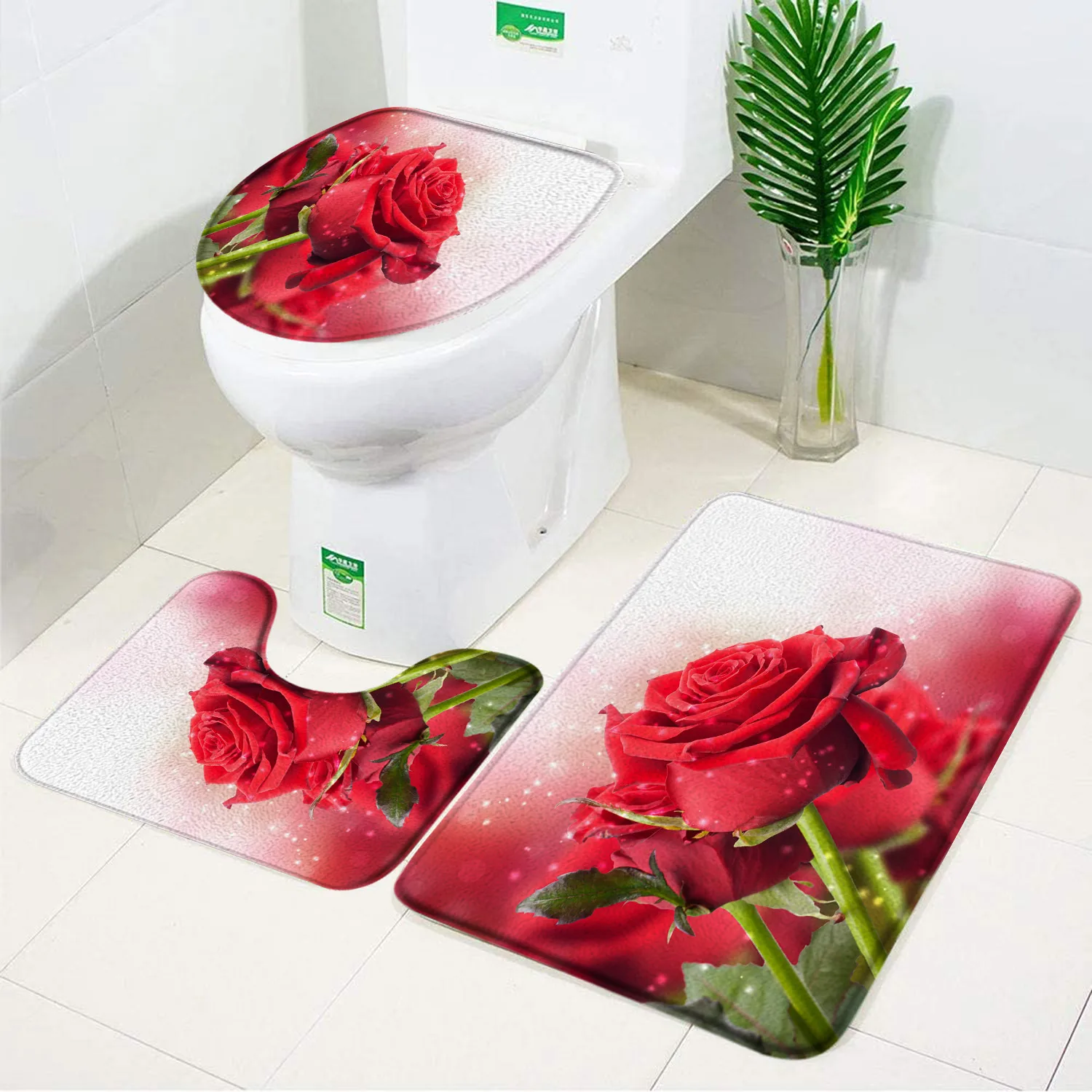 Rose Flower Bath Mat Set Red Fresh Florals Fields and Garden Plant Non-slip Toilet Lid Foot Rug Floor Mat Bathroom Accessory Set