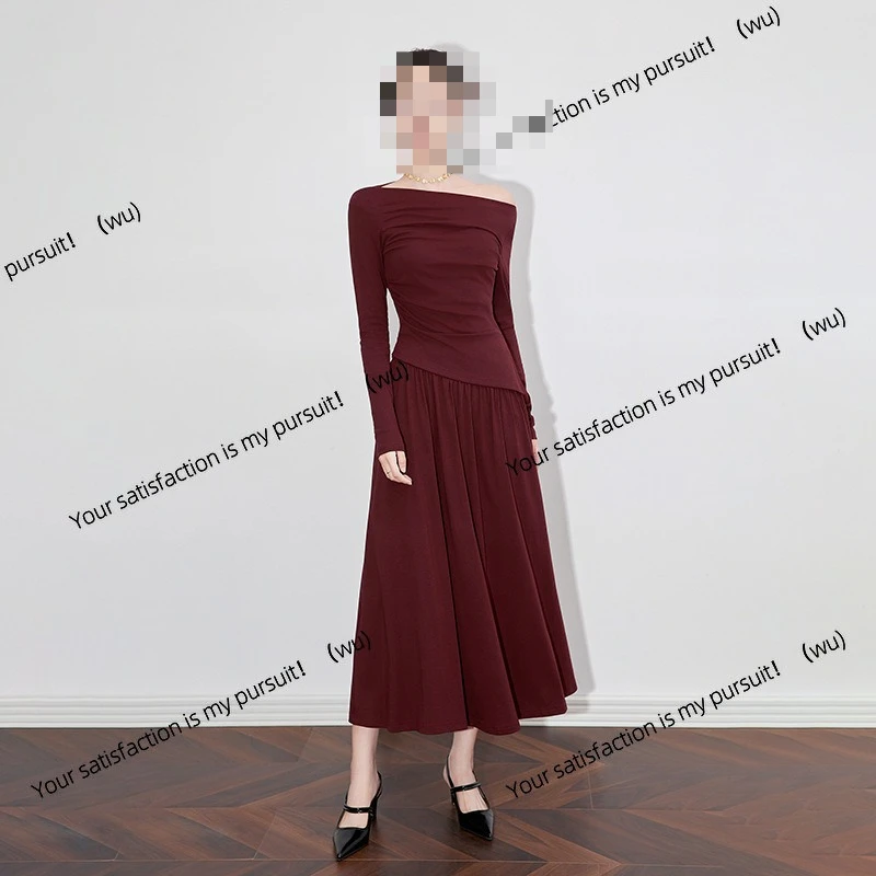 

2430301-French elegant angora red design sense one-word shoulder long-sleeved top + skirt two-piece suit women