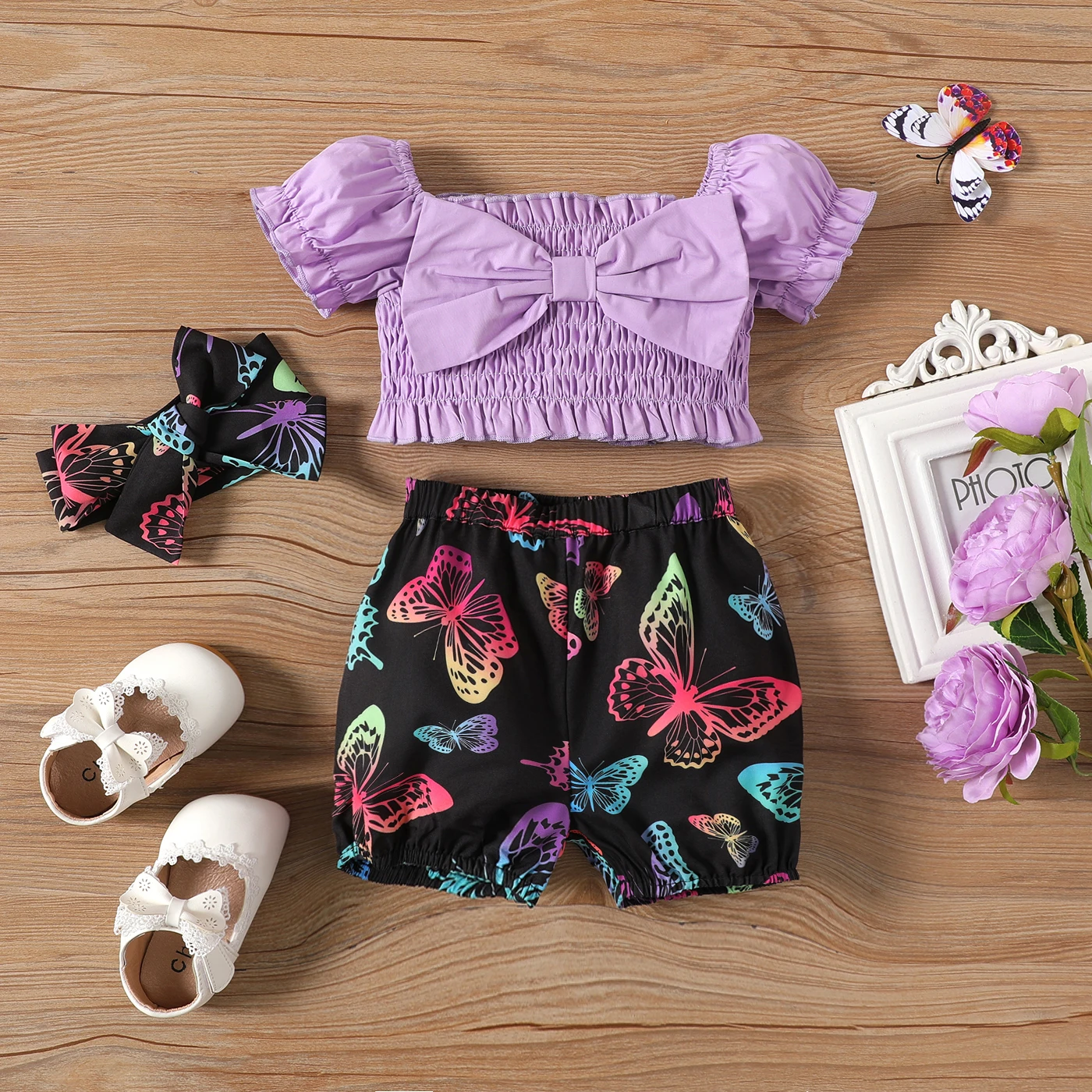 

PatPat 3pcs Baby Girl 100% Cotton Bow Front Shirred Top and Allover Butterfly Print Shorts & Headband Set