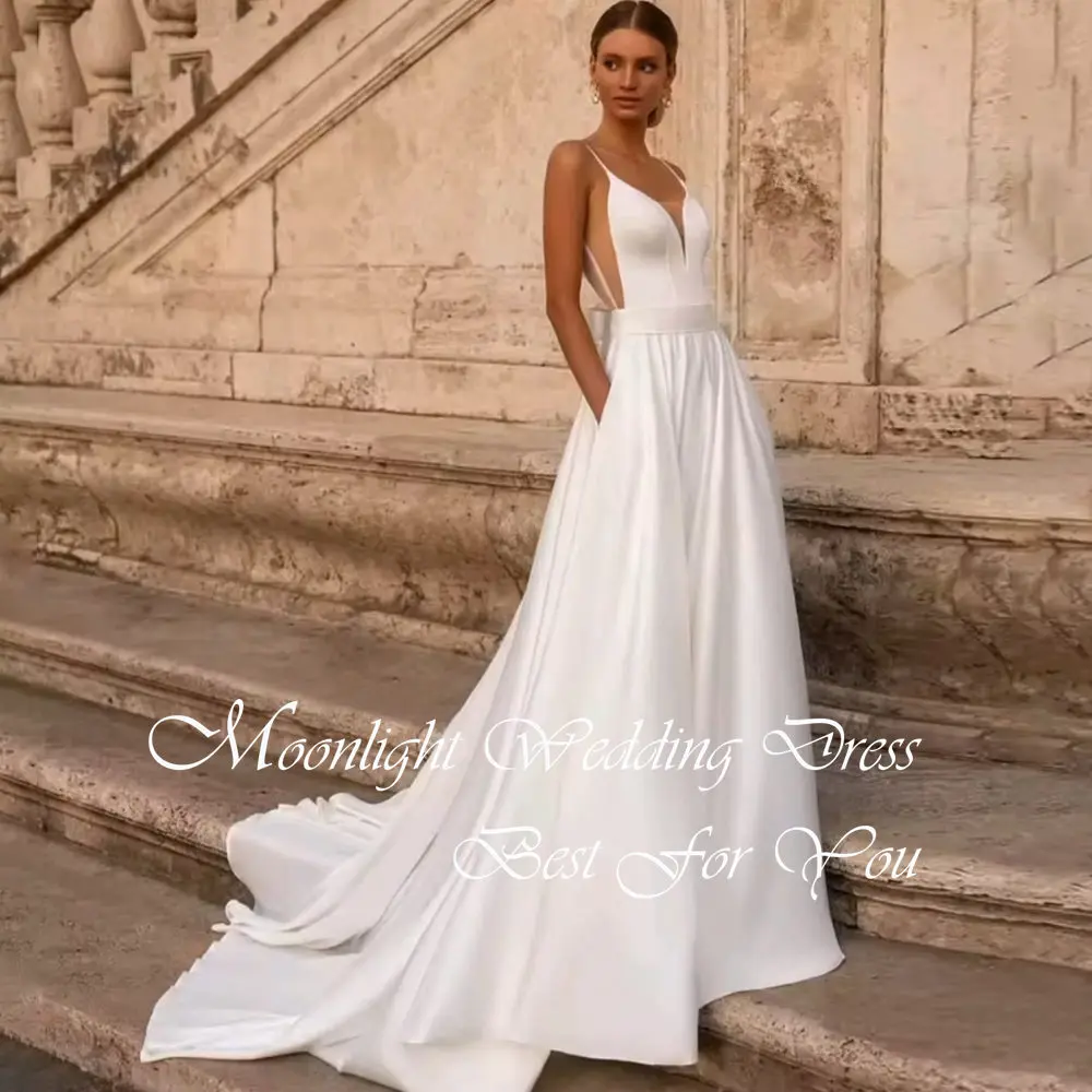 Modern Pleat Bow V-Neck A- Line Wedding Dress 2026 Sleeveless Spaghetti Straps Backless Bridal Gown Vestidos De Novia Customized image 3