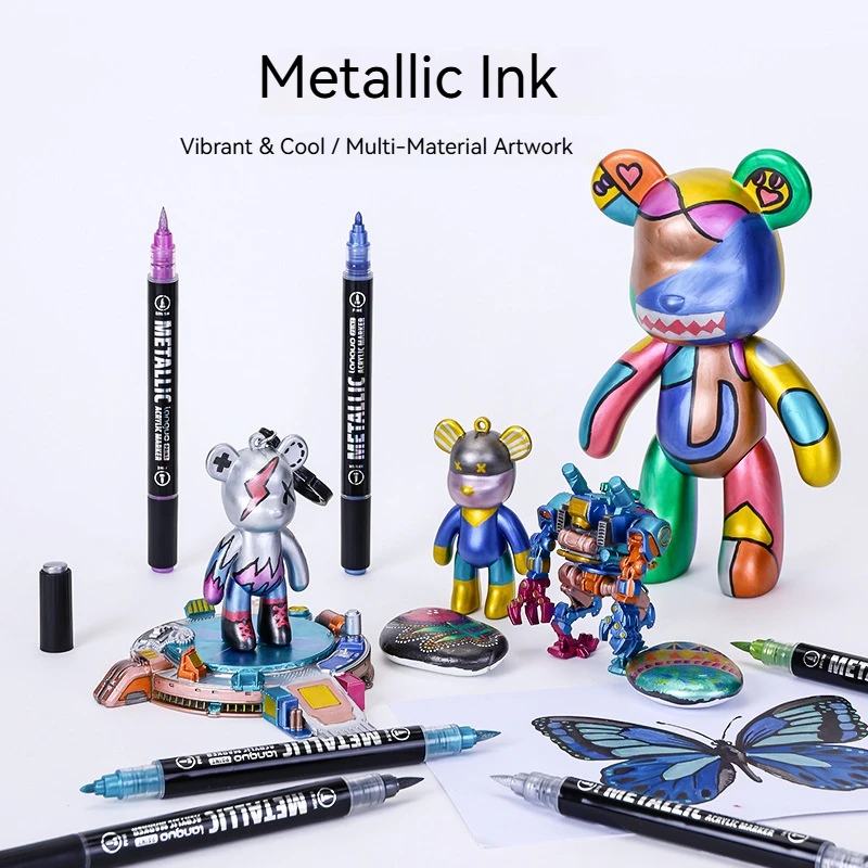 Languo 12-48Colors Dual Tip Metallic Acrylic Marker Pen Set Student Rock Scale Model Painting DIY Graffiti Hand Drawn Paint Pens