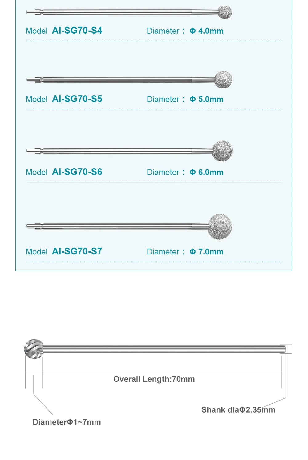AI-SG70 Dental-Bohrer aus Wolframstahl, Durchmesser 2,35 mm, Gesamtlänge 70 mm, für Implantat-Chirurgie-Winkelstück der SG-Serie, gerades Handstück – Detail 4