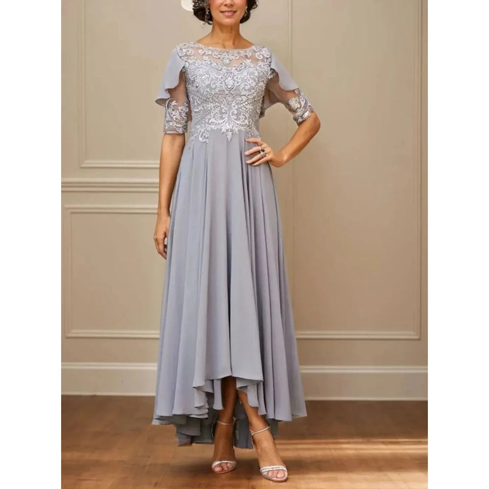 

Elegant A-Line Mother of The Bride Dresses Chiffon Appliques Sheer Neck Half Sleeves Asymmetrical Wedding Guest Dress Customized