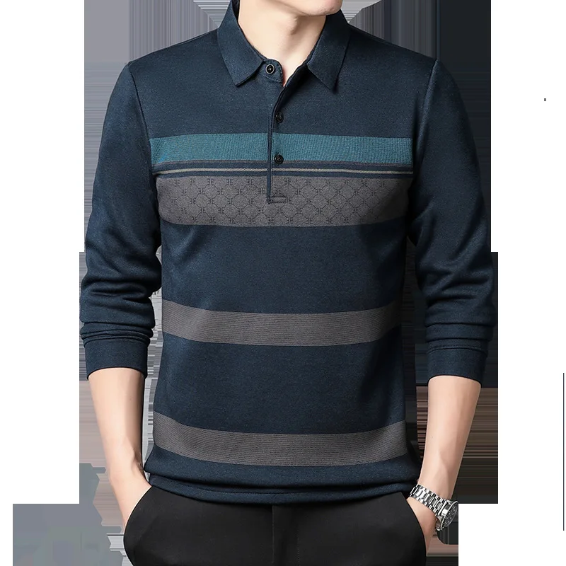 2023 New Men\'s Autumn Clothes Top Long-sleeved T-shirt Fashion Casual Men\'s Loose Striped Polo Shirt