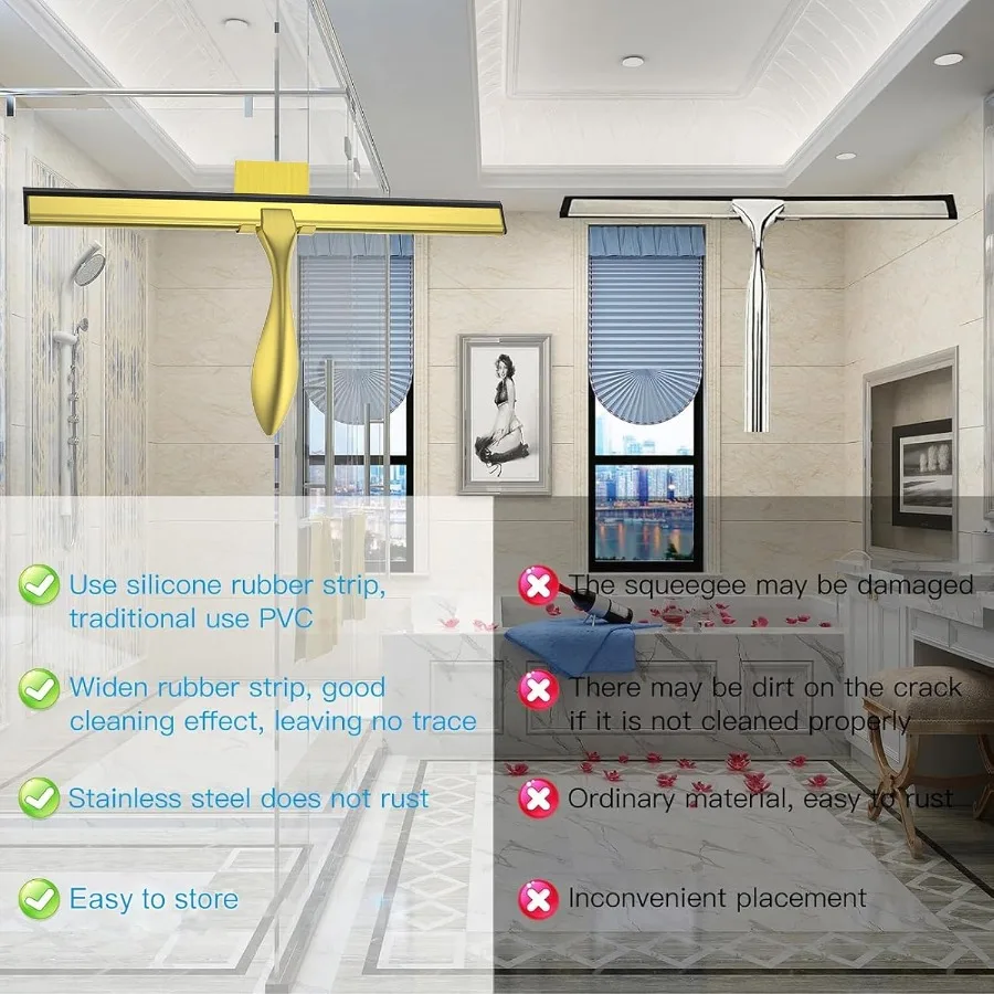 ممسحة دش من الفولاذ المقاوم للصدأ مقاس 14 بوصة مع حامل خطاف للتنظيف الفعال للأبواب الزجاجية للحمام والنوافذ والمطبخ #5