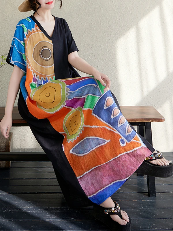 Plus Size Cotone Lino V-Ne Summer Dr Dimagrante ort Sve Ultra Long Sle Donna Faion Retro Stampa Vita alta Dr