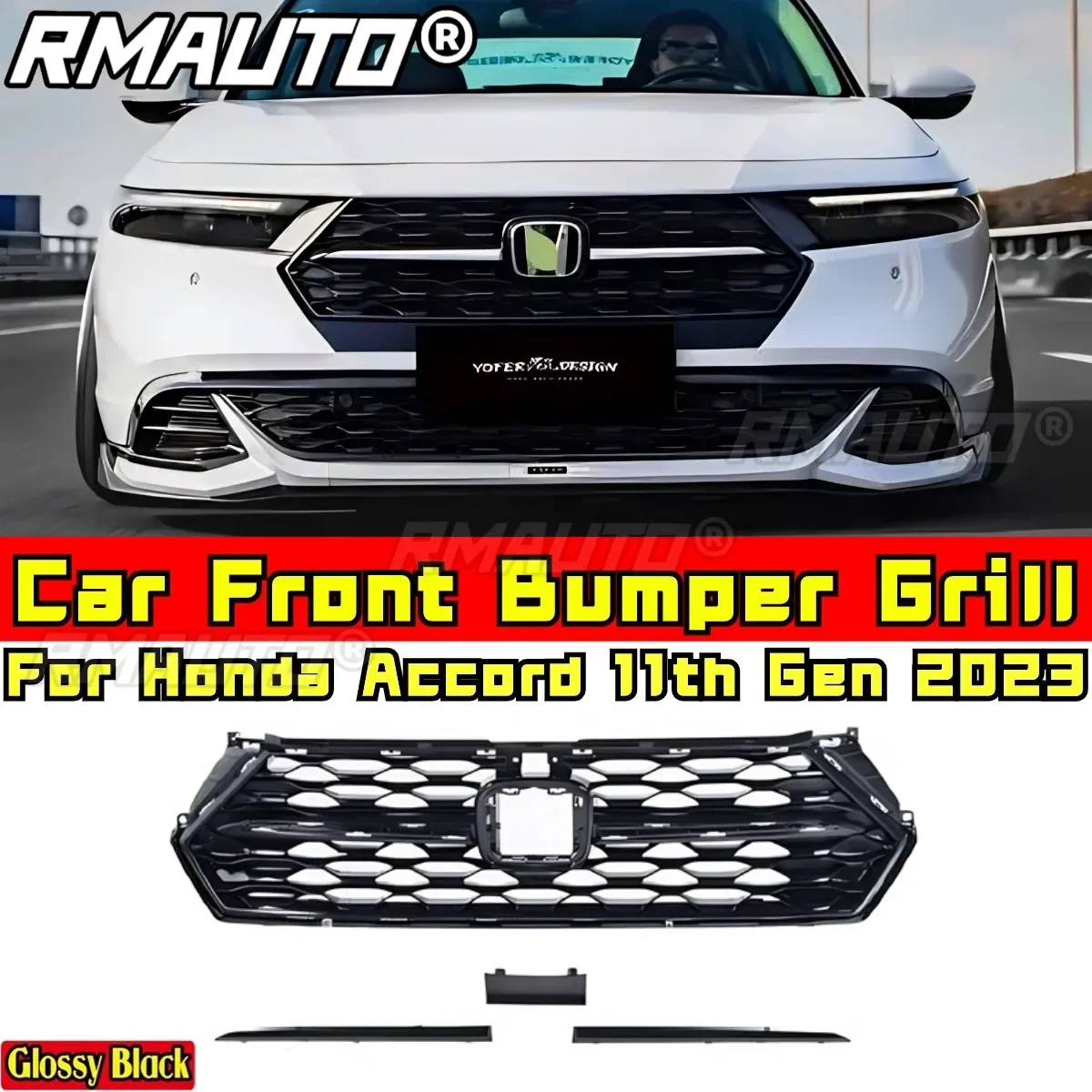For Accord Body Kit Bumper Grill Glossy Black YOFER Style Racing Grills Grille for Honda Accord 11th Gen 2023 Car Accessories
