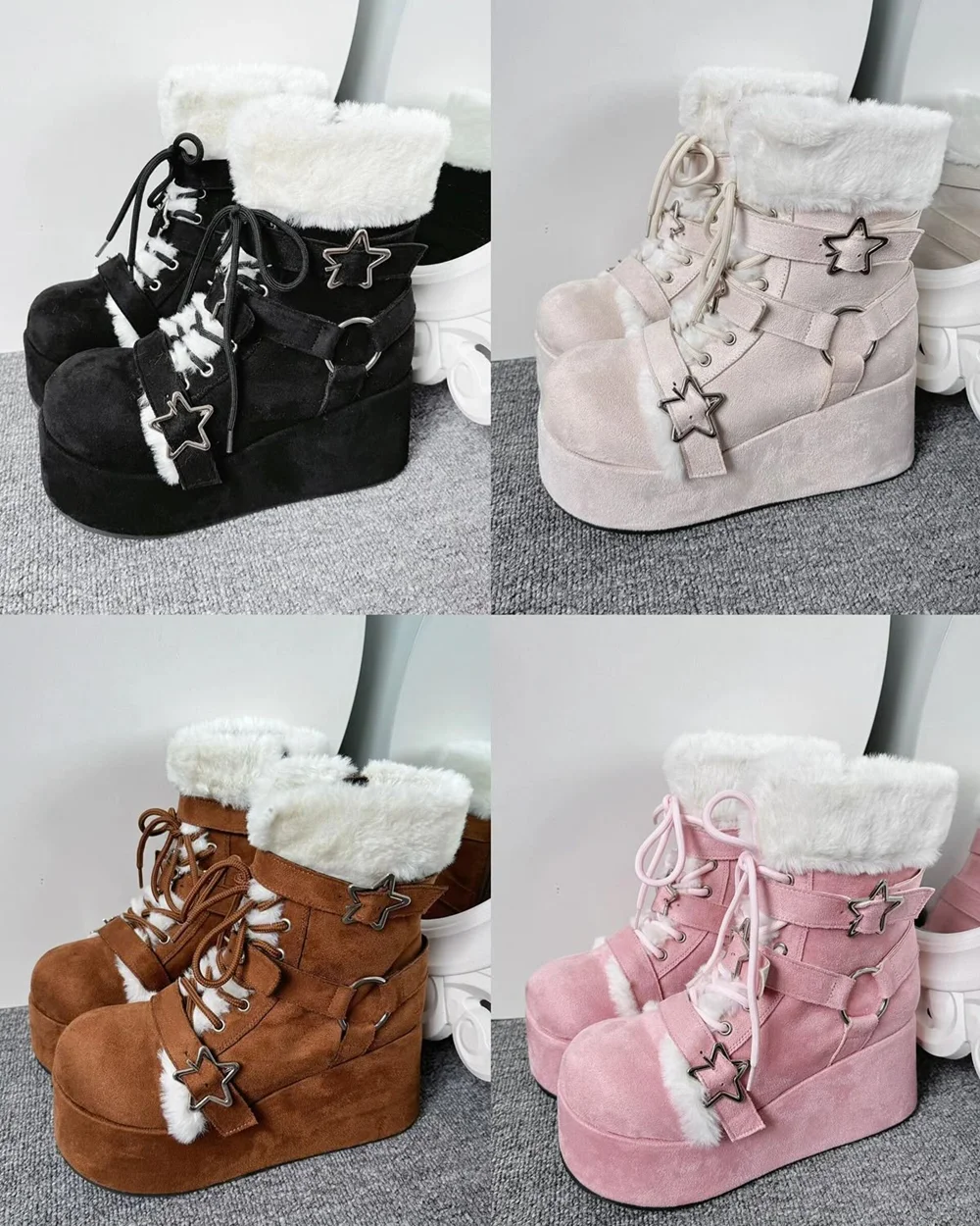 

Sweet Suede Round-Toe Platform Ankle Boots Fluffy Trim Star Accents Chunky Wedge Sole Lace-Up Buckle Detail Cute Winter Looks