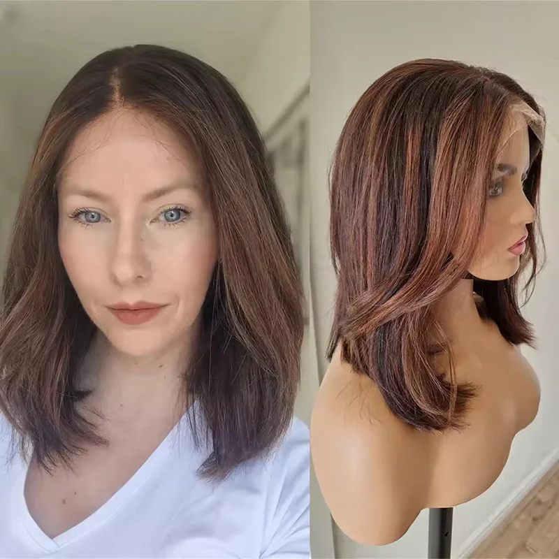 Brown Balayage Bob Wigs Auburn Redish Brown Human Hair Lace Front Wigs for Women