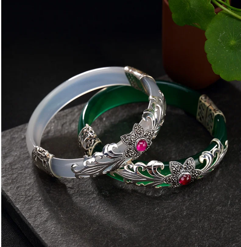 

S925 Sterling Silver Jade Inlaid White Green Chalcedony Open Bracelet All-match Jewelry Exquisite Accessories Bangle