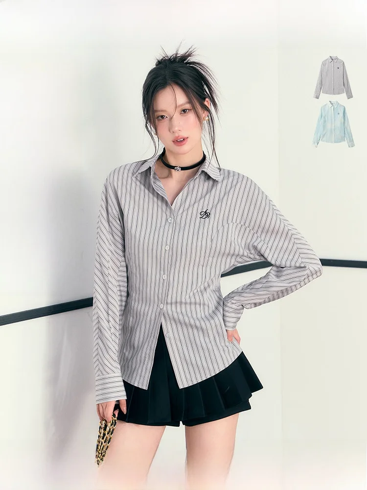 

ANDYET AD Original Logo Embroidery Long Sve Striped irt Waist Cinched One-Piece Sve Women's Versatile Commute Sle