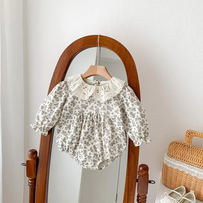 

Cute Baby Girl Romper 0-2Years Newborn Infant Long Sleeve Peter Pan Collar Flower Bodysuit Cotton One-Pieces Spring Fall Clothes