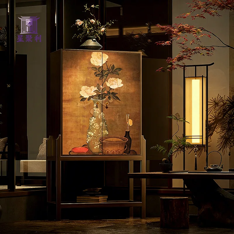 Song Dynasty Aesthetics Wabi Dianhua Bird Solid Wood Bucket Cabinet Entrance High-footed Locker Living Room Chinese Storage Lock