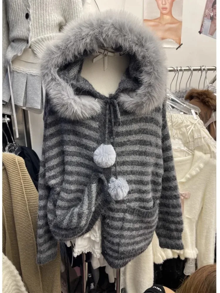 

Кардиган с капюшоном, куртки, женская осенне-зимняя одежда, мягкий Sueter Mujer, простой корейский модный повседневный полосатый свитер