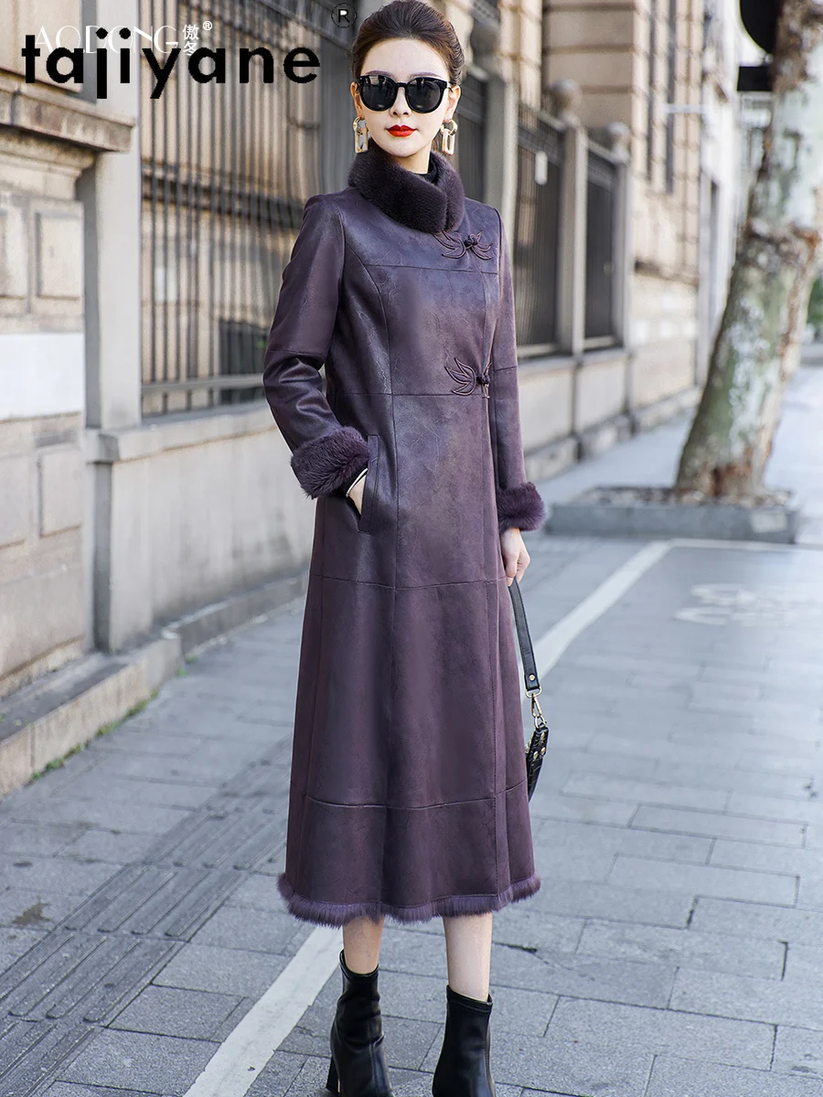タジヤネ 本物のウサギの毛皮 レディース ロングコート ミンクファー襟付き 高級 スリム 冬用 女性用ジャケット 2025 女性服 レディース服
