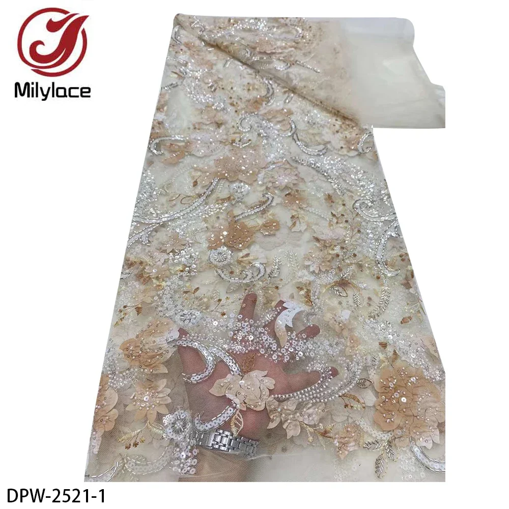 French Beaded Lace Fabric High Quality Sequins Embroidery Nigeria Lace Fabric for Women Wedding DPW-2521