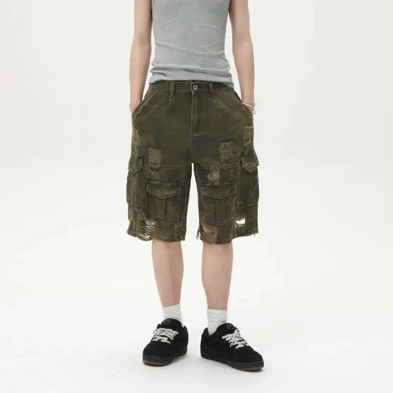 

Летние мужские джинсовые шорты в американском стиле, камуфляжные дизайнерские джинсы с несколькими карманами, повседневные свободные мужские укороченные брюки