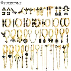 YUXINTIME Orecchini in argento sterling 925 con zirconi neri Orecchini in oro per donna Orecchini pendenti geometrici Gioielli da sposa di moda