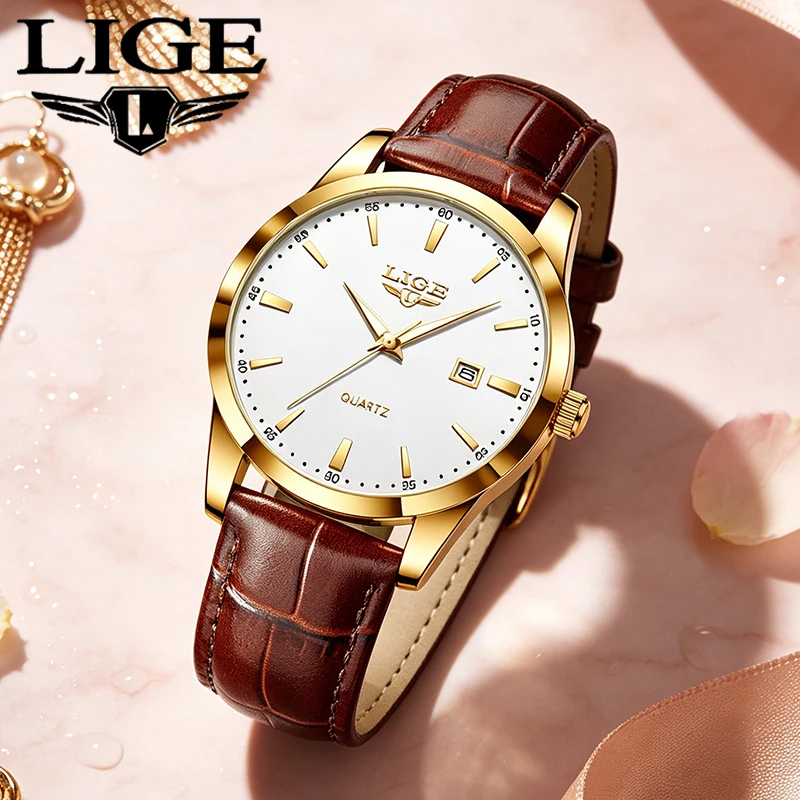 LIGE 2026 Women's Quartz Watch Luminous Date Display 30MWaterproof Leather Strap Business Ladies Wristwatch Reloj De Mujer+BOX