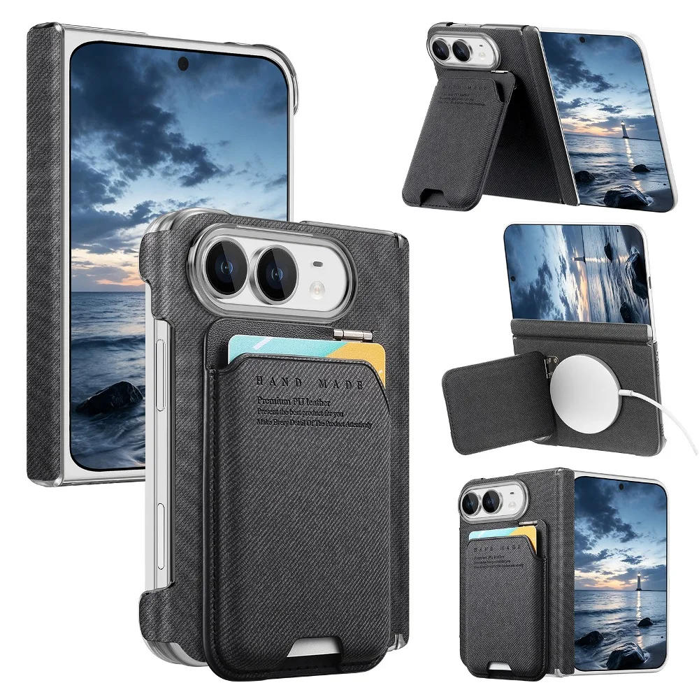 Solid Color Leather Card Holder with Kickstand Phone Cover for iPhone Duo with Back Magnetic Wireless Charging