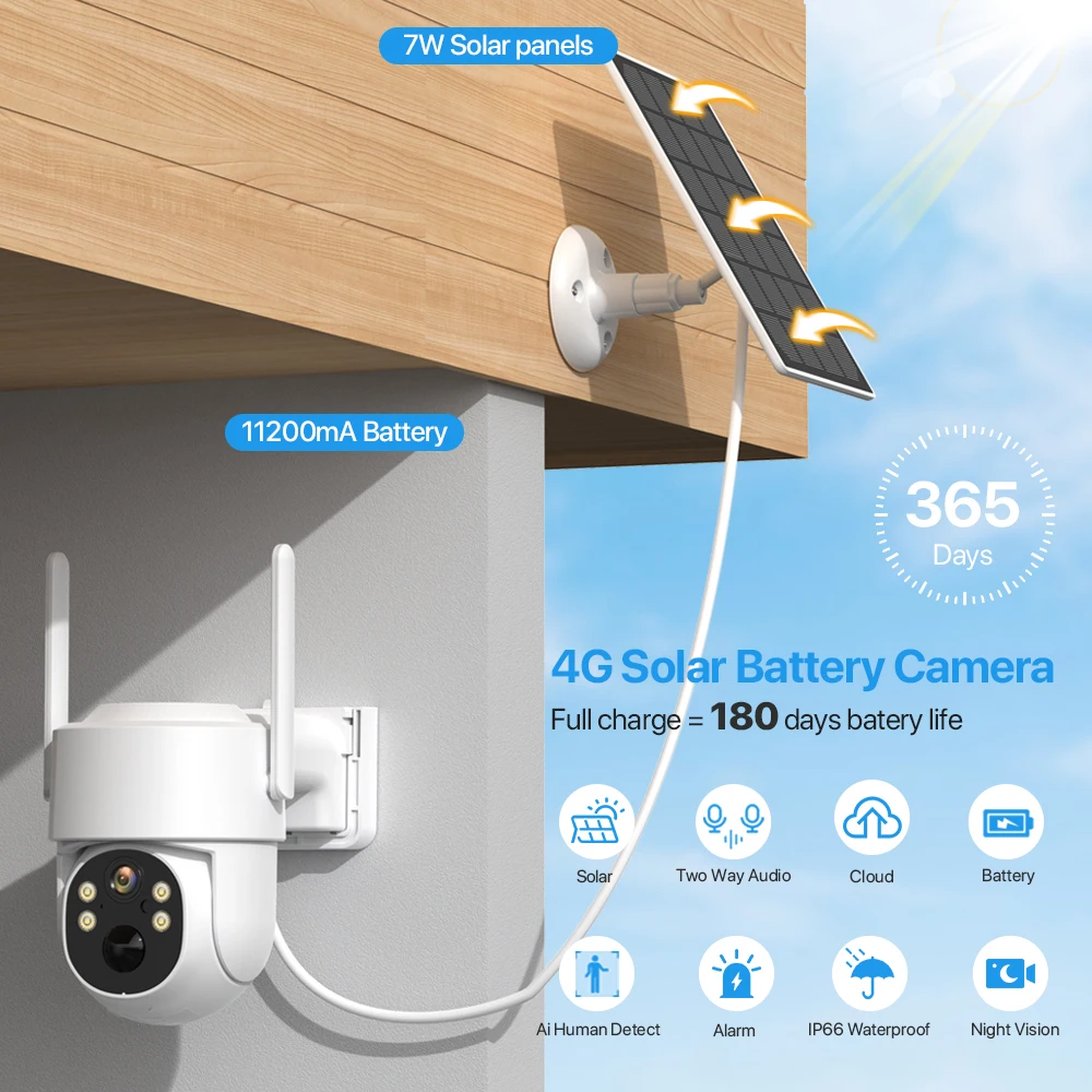 4G SIM Solar Outdoor PTZ Camera Built-in Battery WIFI Camera PIR Human Alarm 4MP IP Camera AI Tracking Video Surveillance iCsee