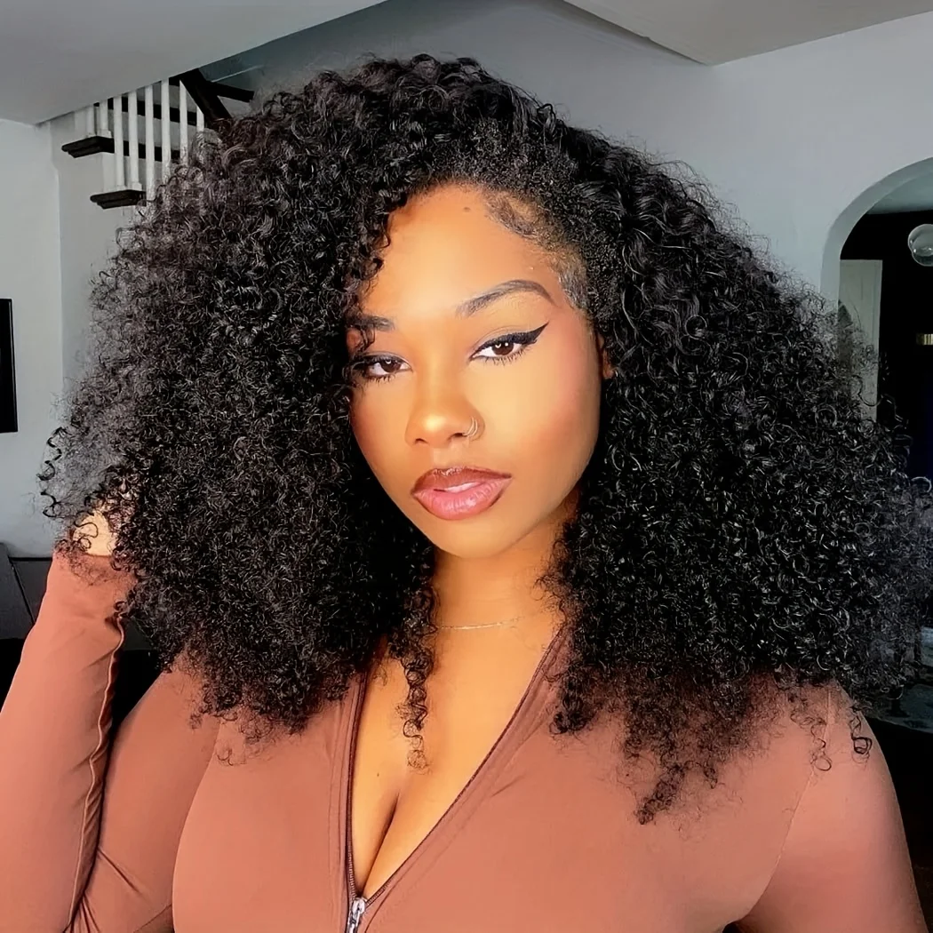 

Парик-полупарик из натуральных волос Kinky Curly, плотность 200%, 3 в 1, бесшовный, с возможностью переворачивания, машинной работы