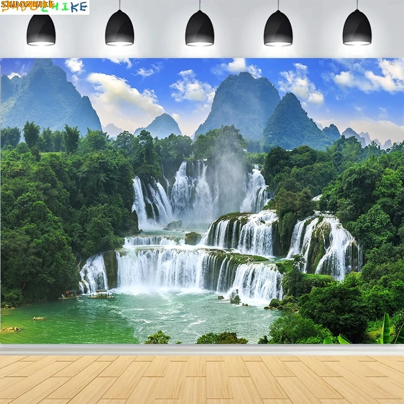 

Fresh Blue Natural Waterfall Beauty Lake Photography Backdrops Grass Landscape River Beach Park Cove Photo Background PB-00