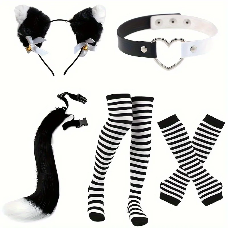 QQ Cat Cat Ear Bow Headband Necklace Claw Gloves Cosplay Plush Bell Women Girl Masquerade Party Black White Stripes Tail Socks