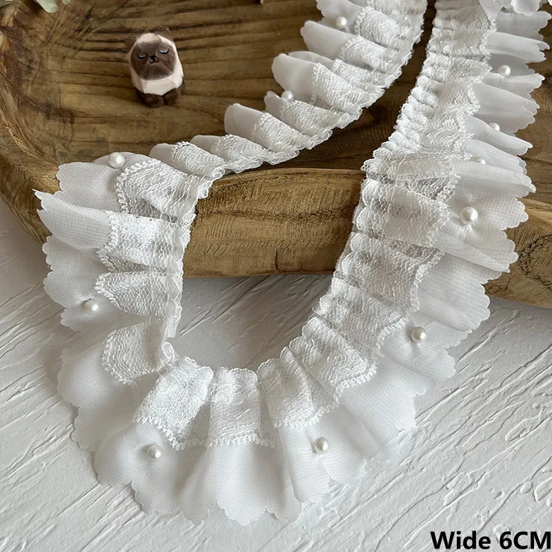 6CM Wide White Chiffon Pleated Fabric Ruffle Frilled Ribbon Beaded Fringe Lace Edge Trim Wedding Dress Collar DIY Sewing Decor