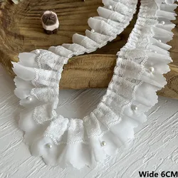 6CM Wide White Chiffon Pleated Fabric Ruffle Frilled Ribbon Beaded Fringe Lace Edge Trim Wedding Dress Collar DIY Sewing Decor