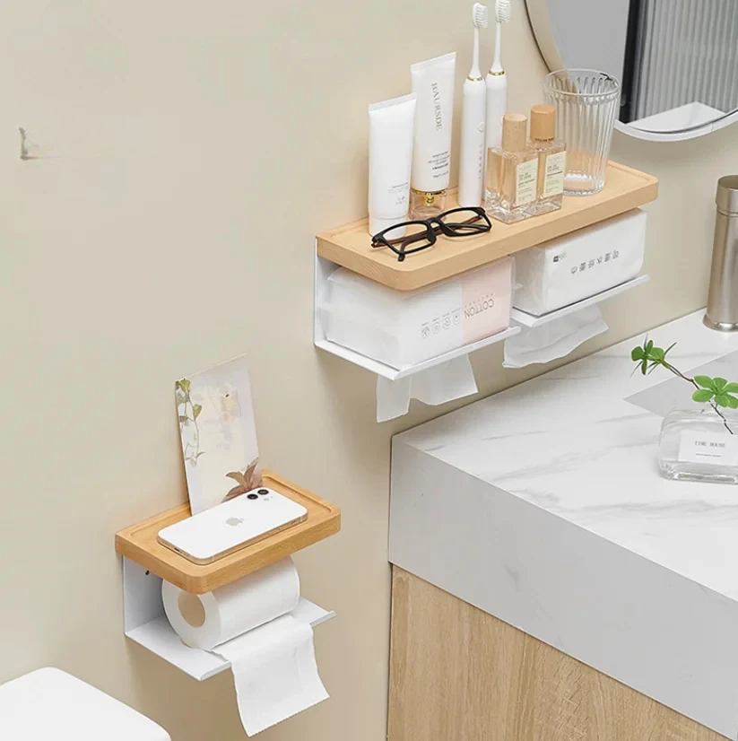 Walnut wood Tissue Box Toilet Paper Holder double Roll paper holder Creative mobile phone shelving